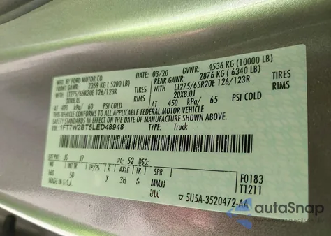 2020 Ford F-250 Lariat z USA, uszkodzony, nr VIN 1FT7W2BT5LED48948